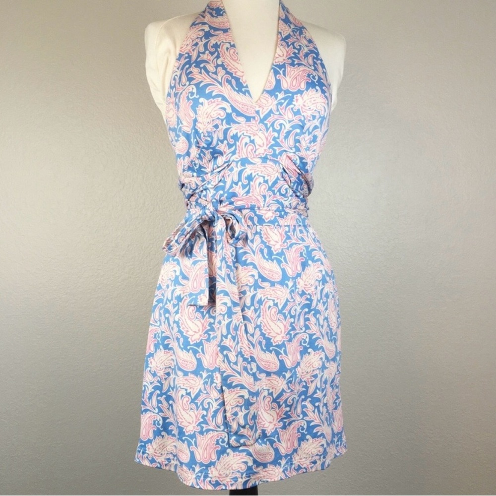 J McLaughlin Silk Halter Dress Paisley Pink Blue White Midi Coastal NWOT Sz XS